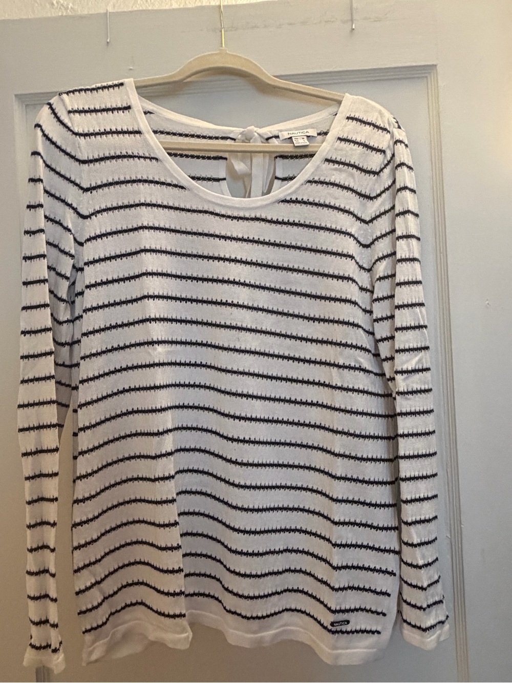Nautica White Long-Sleeve Top with Navy Stripes